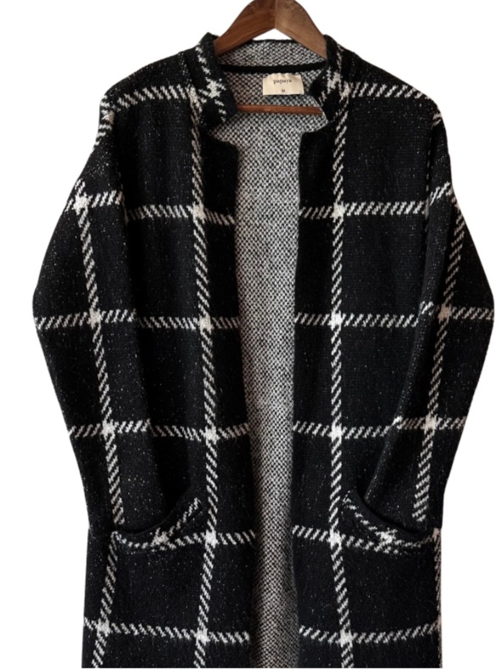 Papaya Black & White Windowpane Open Cardigan